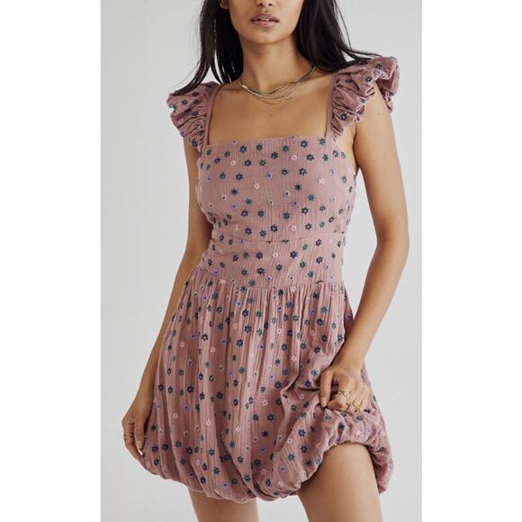 Free People Dresses & Skirts - Free People Mini Dress Women S Mauve Pink Bubble Hem Floral Embroidered Cottage